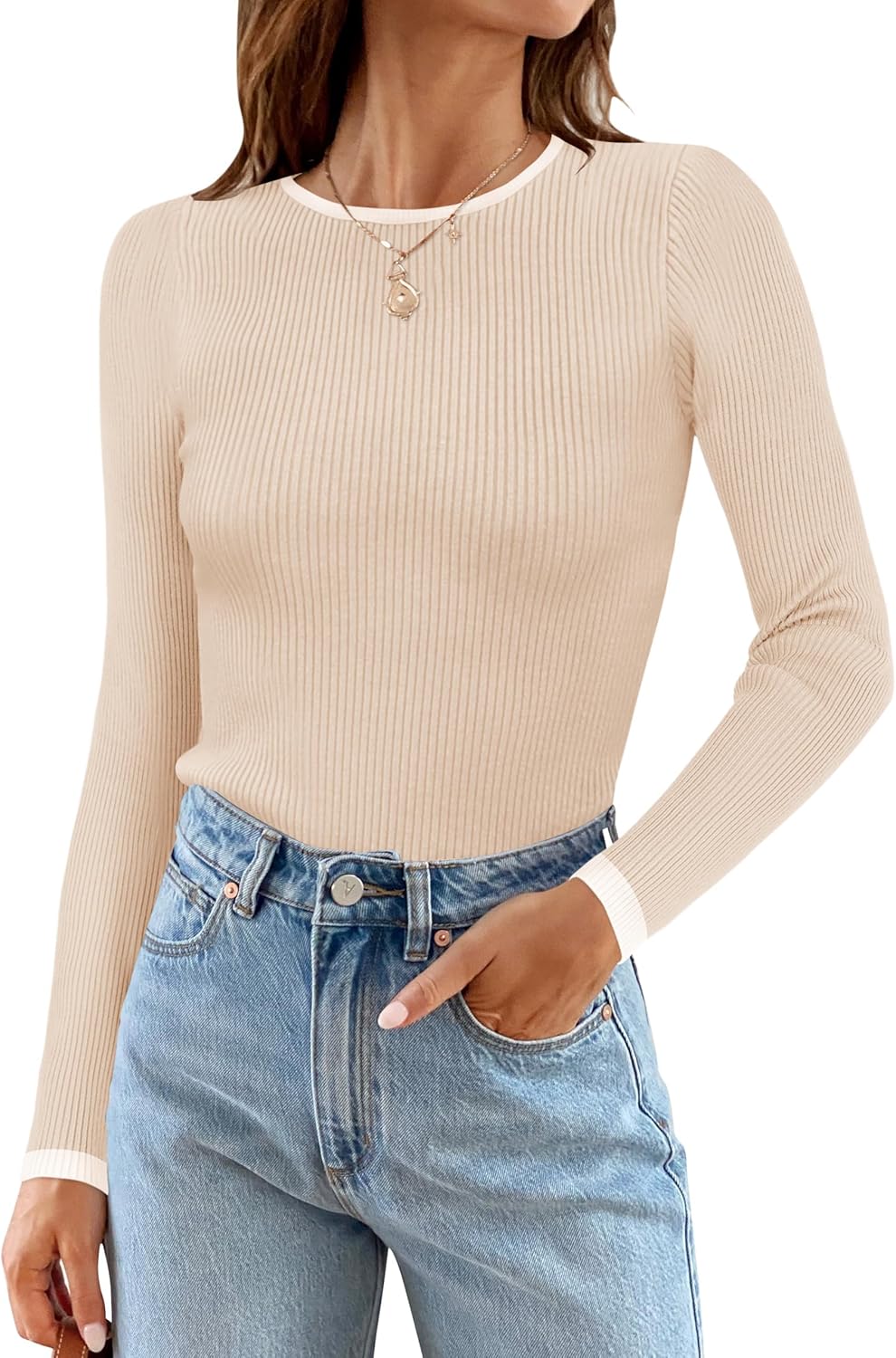 ZESICA Women's Long Sleeve Crewneck Shirts 2025 Fall Ribbed Knit Sweater Slim Fitted Casual Basic Tee Tops