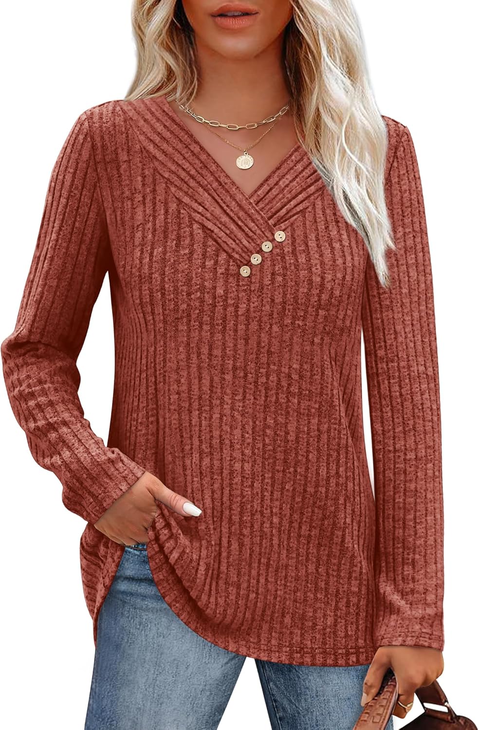 SAMPEEL Sweaters for Women Long Sleeve Shirts V Neck Tops with Buttons Fall Fashion Outfits Winter Clothing 2025