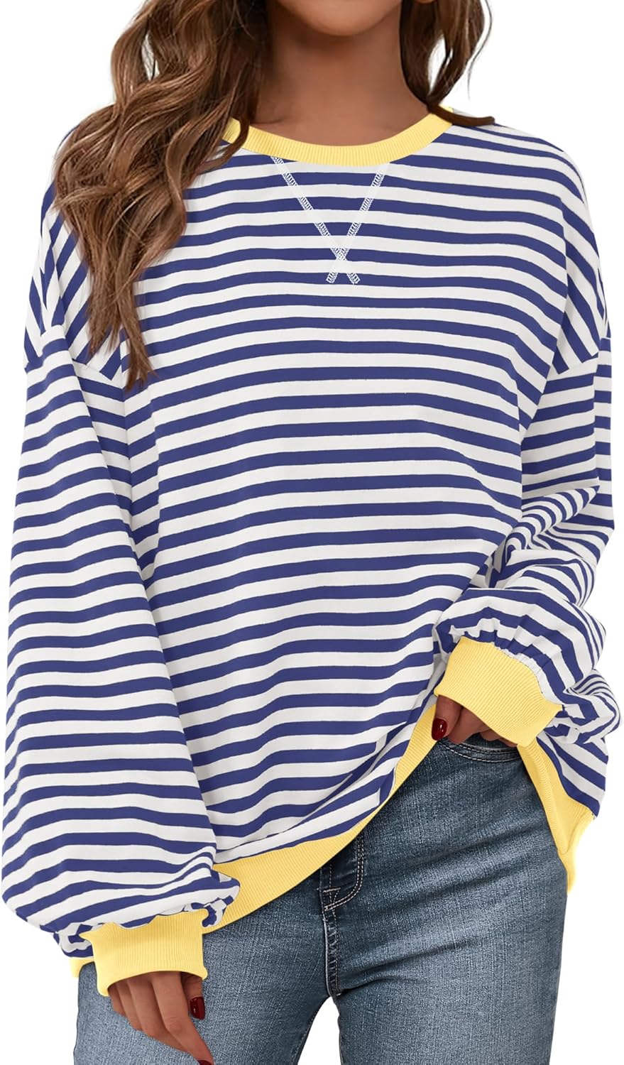 BTFBM Womens Oversized Striped Sweatshirt Crewneck Long Sleeve Pullover Top Casual Y2K Fall Clothes 2025 Workout Shirt
