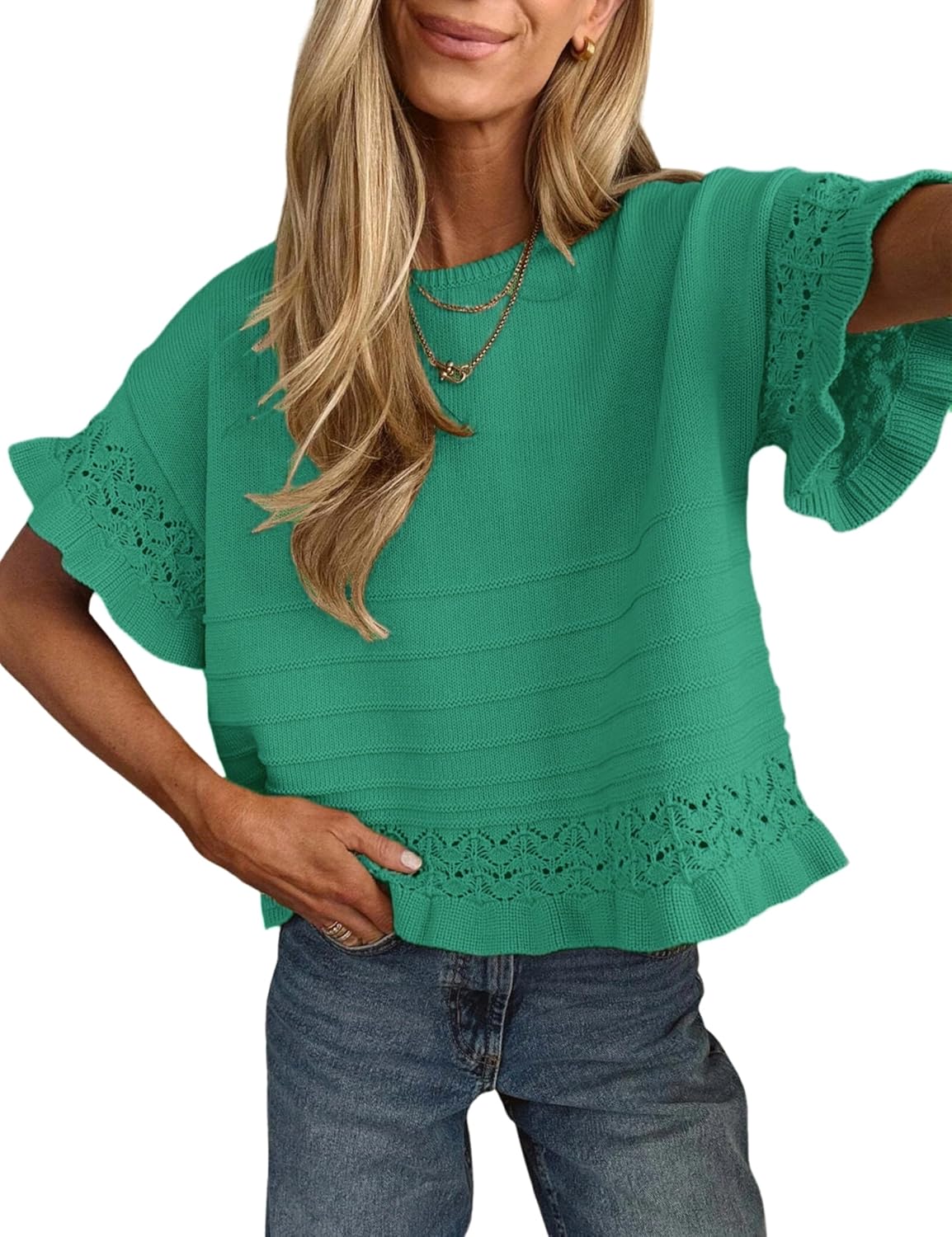 Yeokou Womens Short Sleeve Sweater Round Neck Ruffled Hem Knit Crochet Pullover Summer Fall Casual Top Blouse