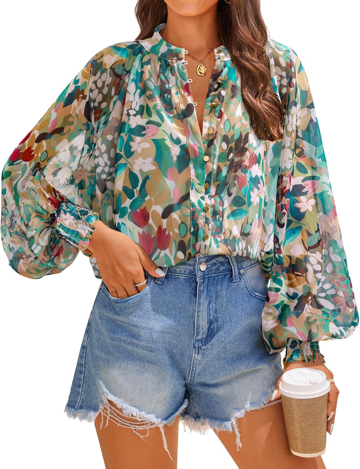 ZESICA Women's Floral Print Blouse 2025 Long Sleeve Button Down Casual Fall Boho Oversized Tops Shirts