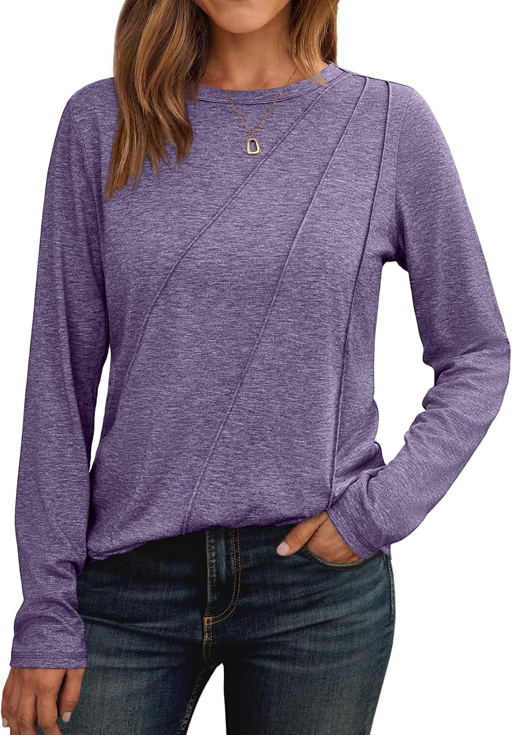 AUTOMET Womens Long Sleeve Shirts Pleated Crew Neck Casual Fall Fashion Tops Loose Fit Lightweight Girls Outfits Clothes