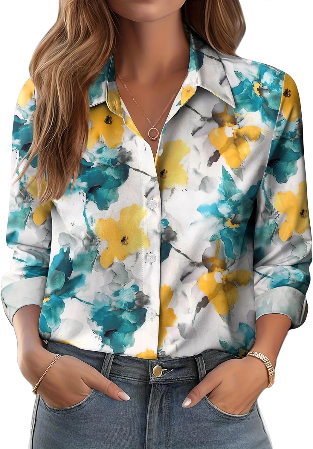 Zeagoo Button Down Shirts for Women Dressy Floral Printed Long Sleeve Blouse Business Casual Work Tops