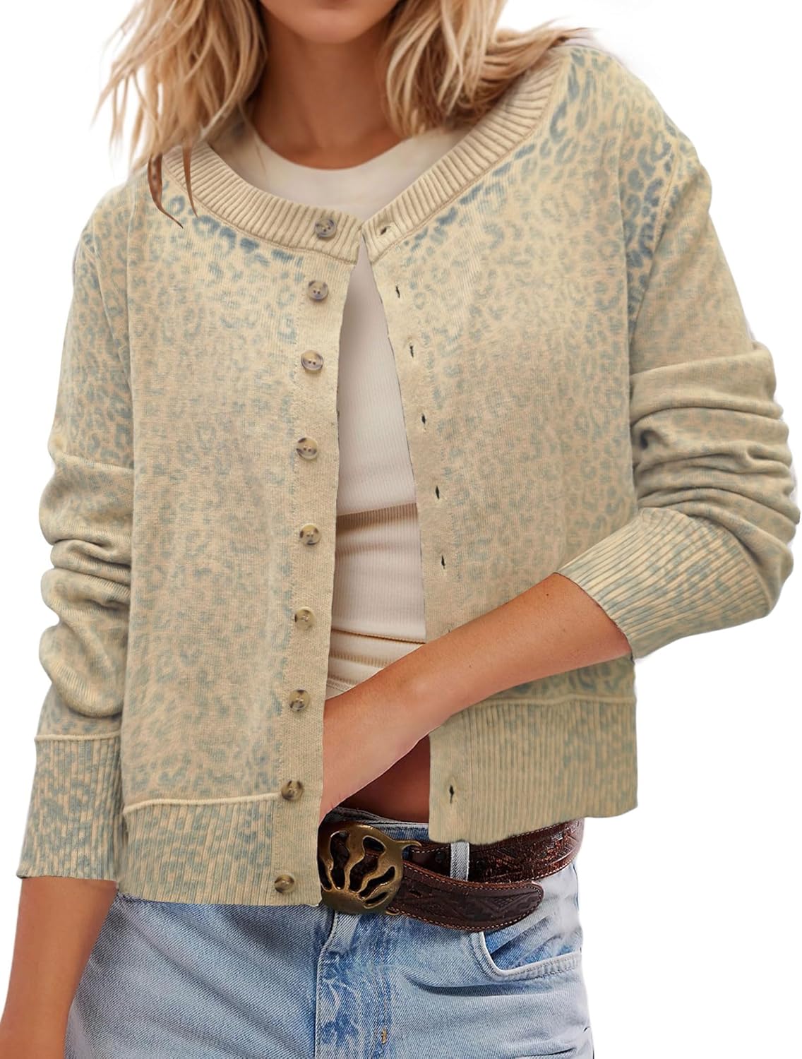 Leopard Cardigan Open Front Button Up Sweaters for Women Long Sleeve Shrug Cheetah Print Top Cropped Cardigan Jackets