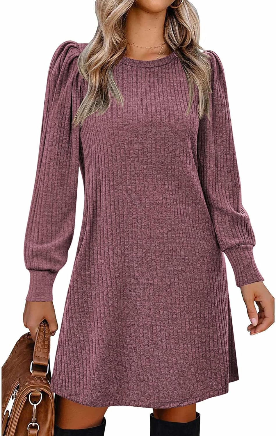 Zeagoo Women's Knit Dress with Puff Sleeves for Fall & Winter - Round Neck Casual Tunic Dress