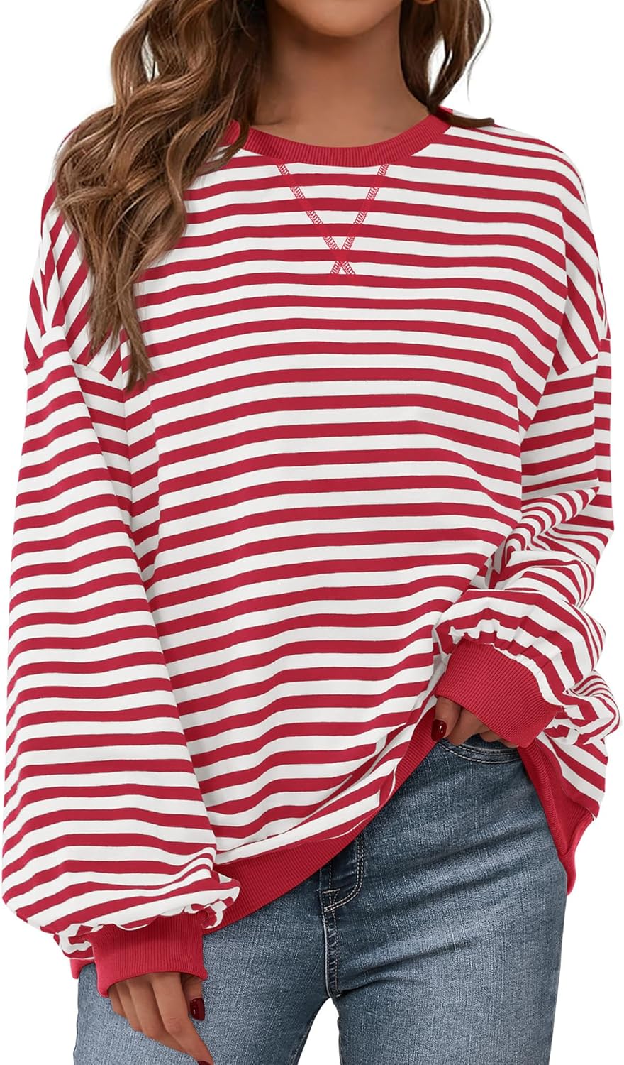 BTFBM Womens Oversized Striped Sweatshirt Crewneck Long Sleeve Pullover Top Casual Y2K Fall Clothes 2025 Workout Shirt
