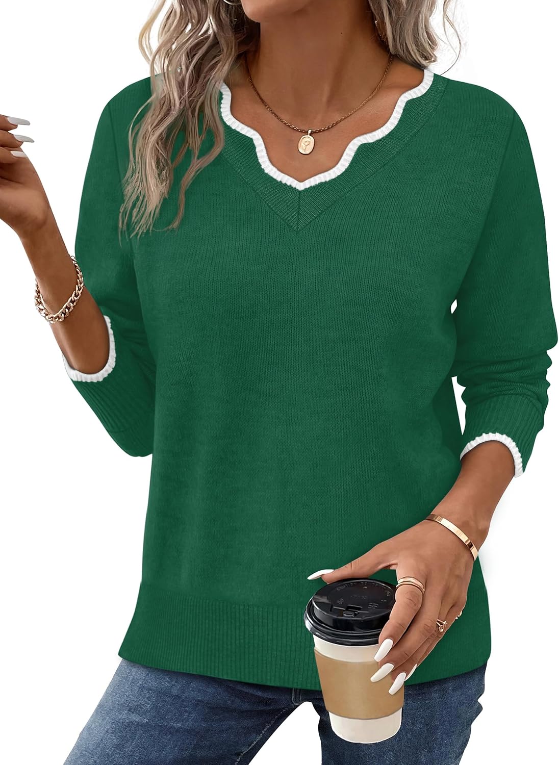 OFEEFAN Womens V Neck Sweaters Pullover Cozy Lightweight Sweaters Long Sleeve Tops Fall Outfits 2025