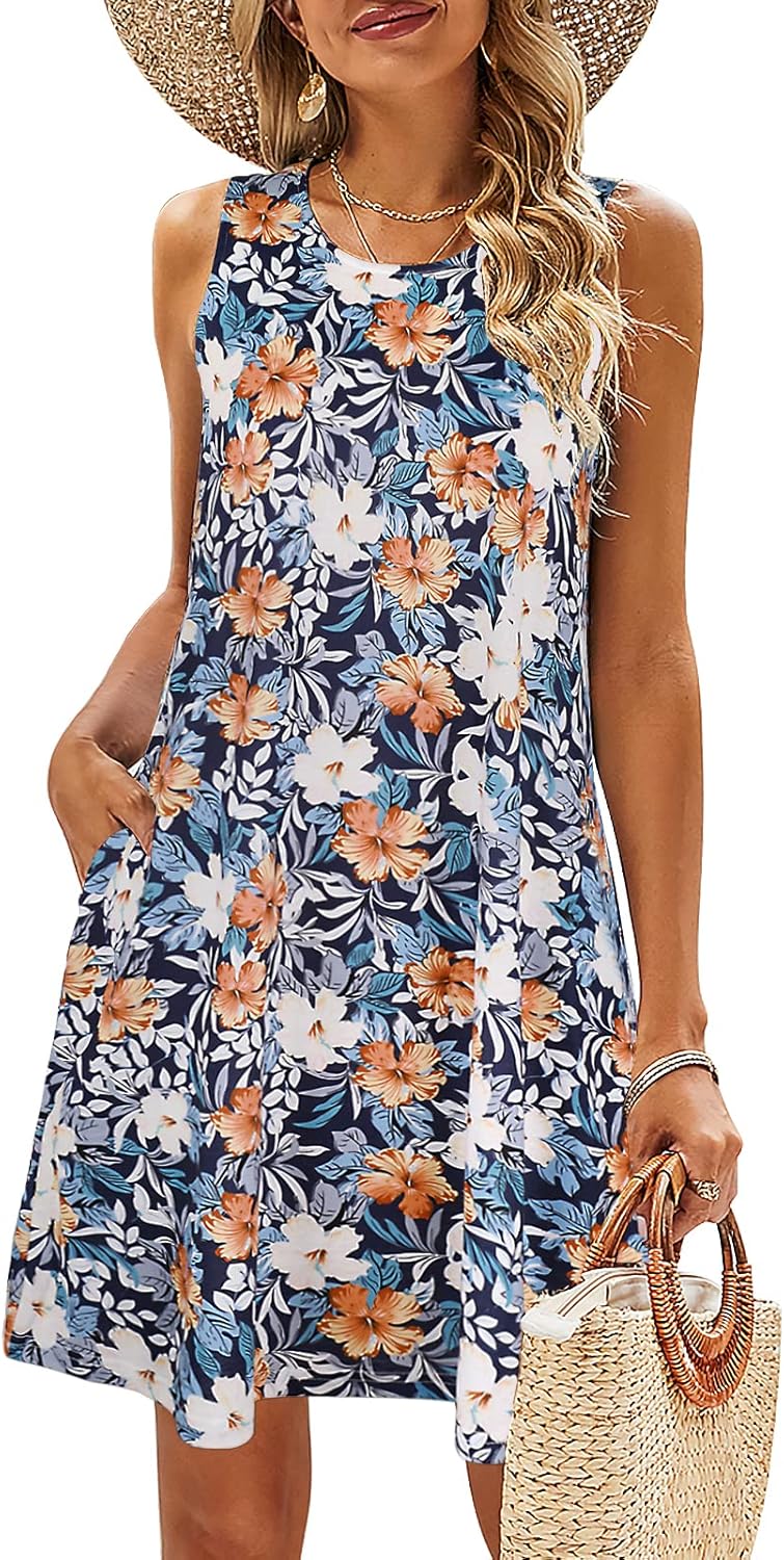SimpleFun Summer Dresses for Women Beach Floral Tshirt Sundress Casual Pockets Boho Tank Dress