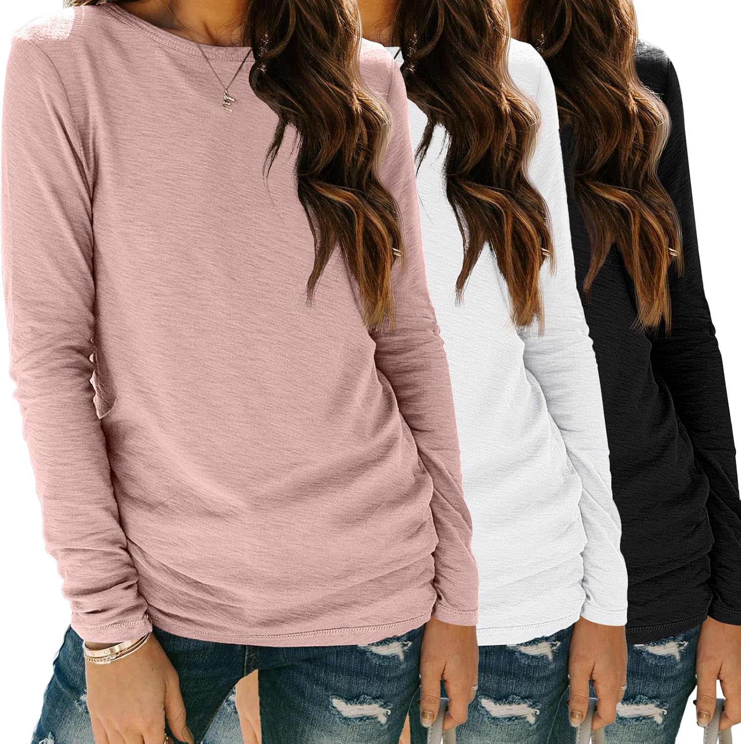 SUNBS Womens 3 Packs Long Sleeve Shirts Loose Fit Fall Tops Fashion Clothes 2025 Basic Workout Tees School Teacher Outfits