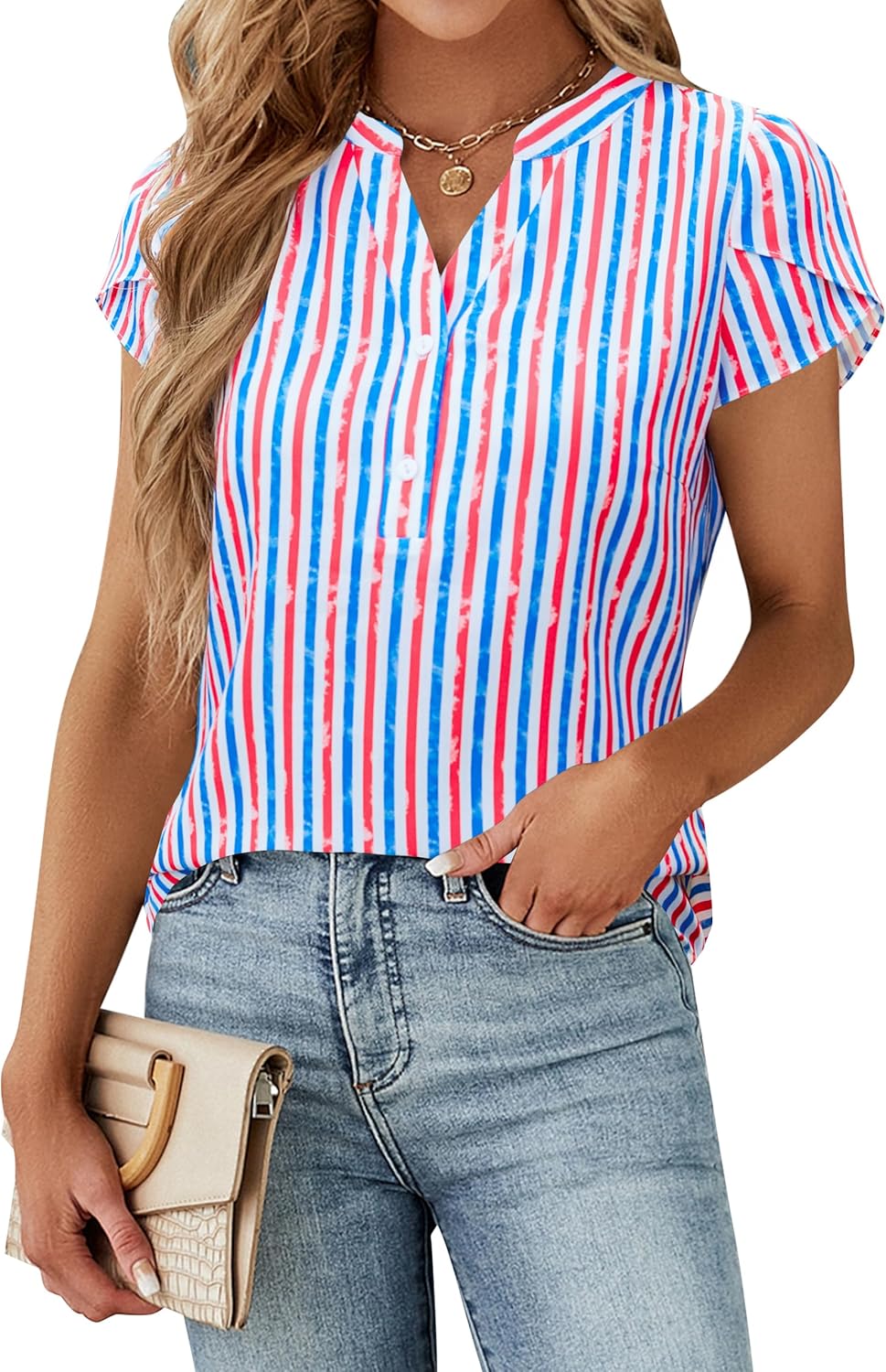 Blooming Jelly Women's Dressy Casual Tops Business Work Blouses White Button Down Shirts Cap Sleeve V Neck Tshirt