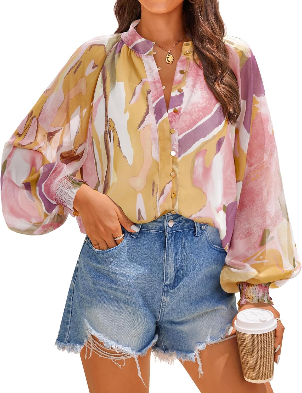 ZESICA Women's Floral Print Blouse 2025 Long Sleeve Button Down Casual Fall Boho Oversized Tops Shirts