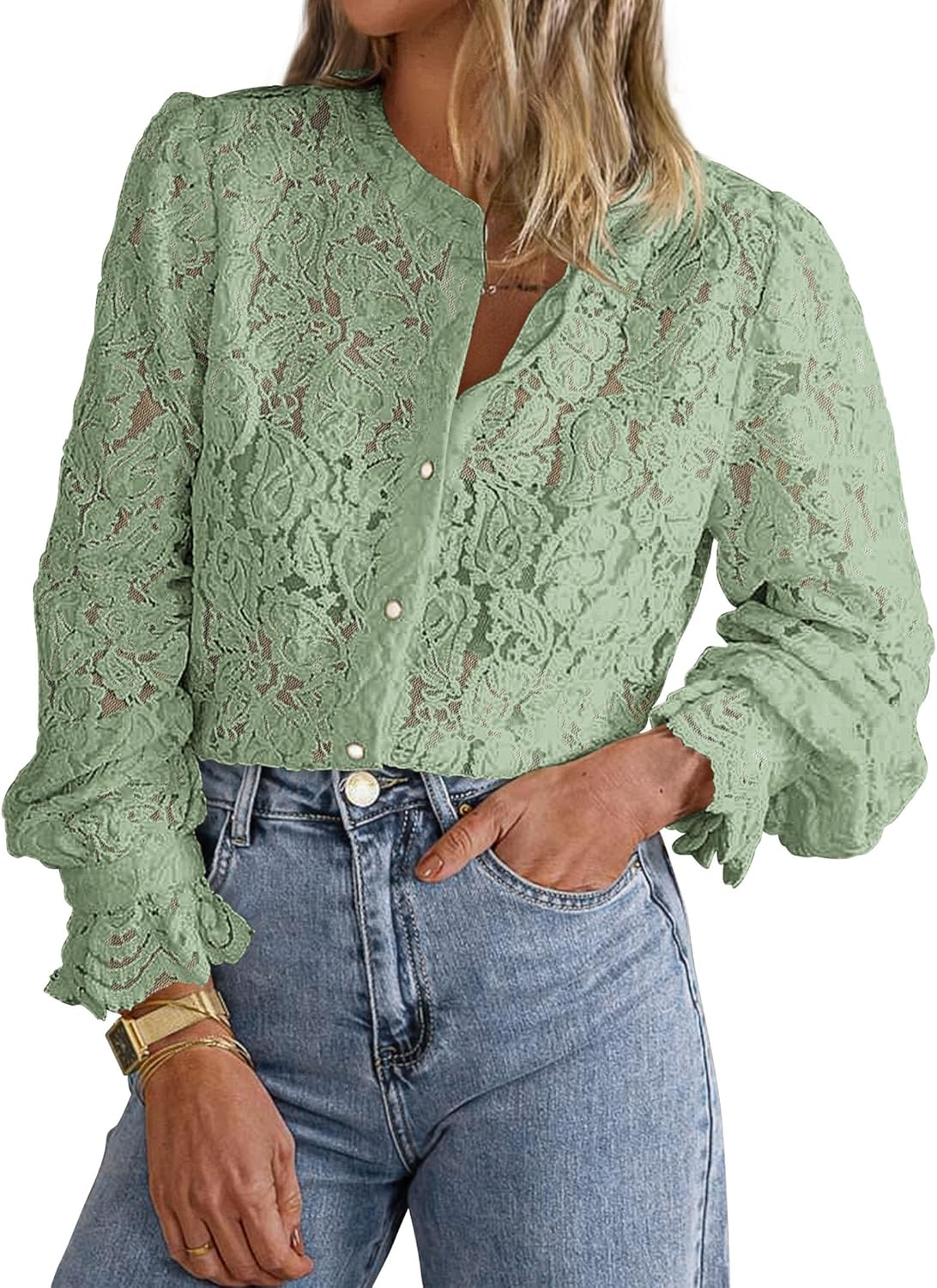 PRETTYGARDEN Women's Dressy Casual Lace Blouse Long Sleeve Button Up Shirts Tops Spring Fall Fashion Clothes