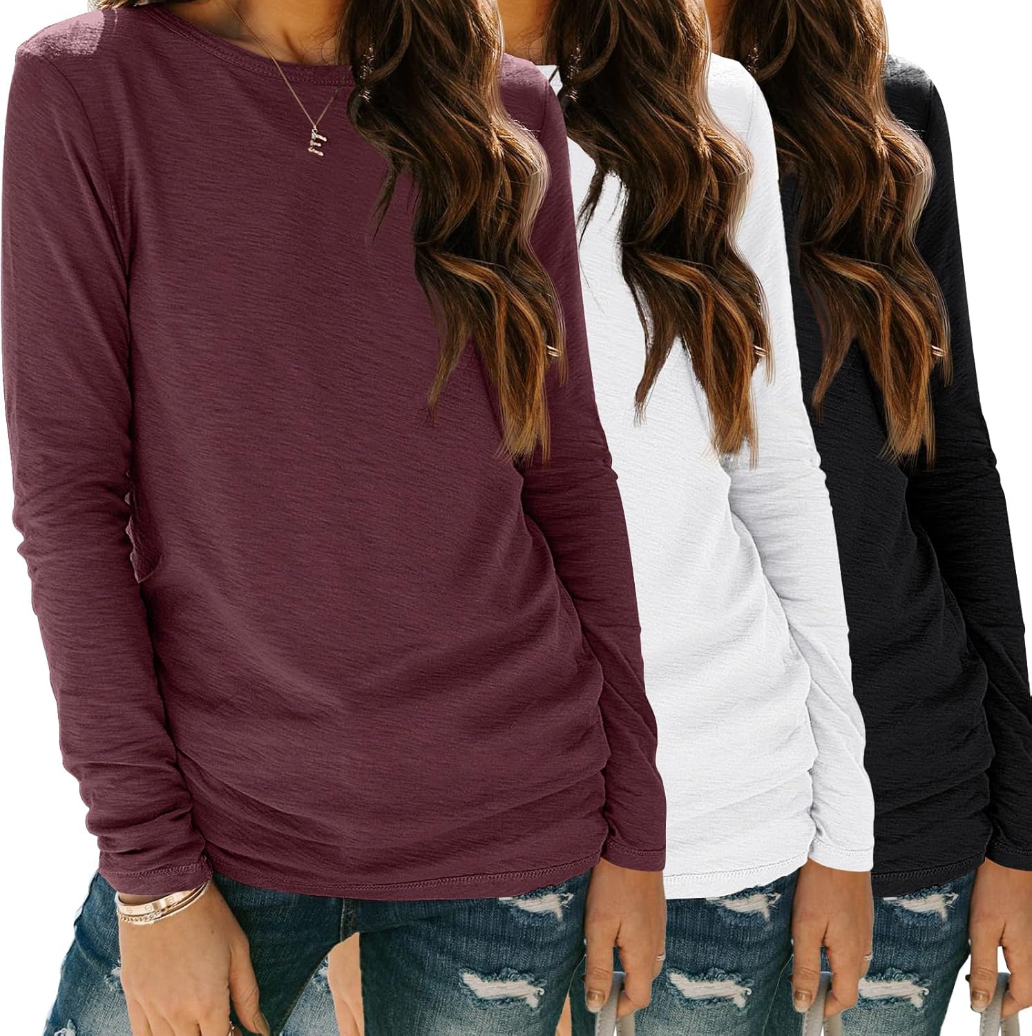 SUNBS Womens 3 Packs Long Sleeve Shirts Loose Fit Fall Tops Fashion Clothes 2025 Basic Workout Tees School Teacher Outfits