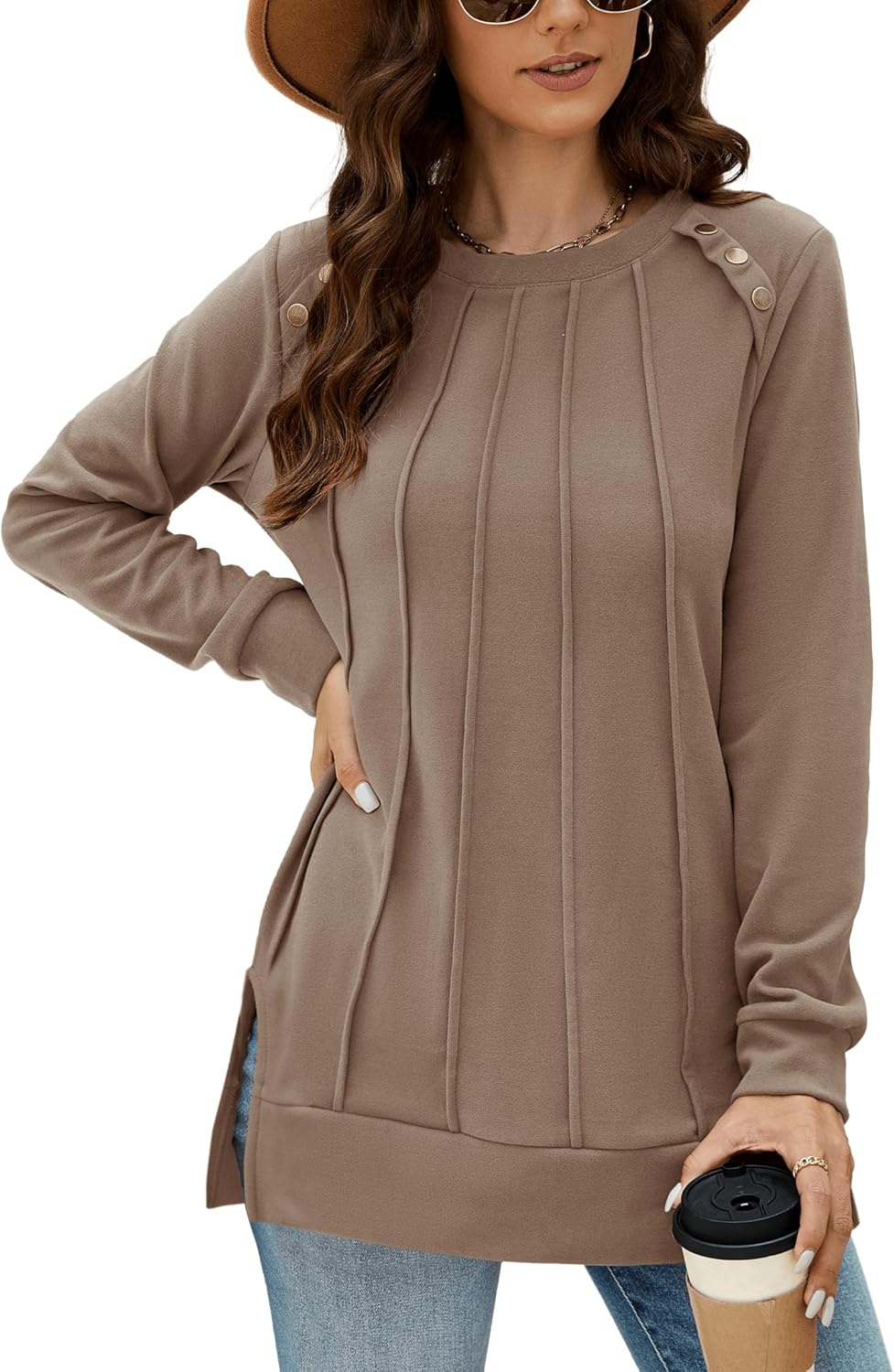 Odosalii Womens Long Sleeve Tops Crewneck Sweatshirts Pleated Front Sweaters Plain Shirts Trendy Side Split Fall Outfits