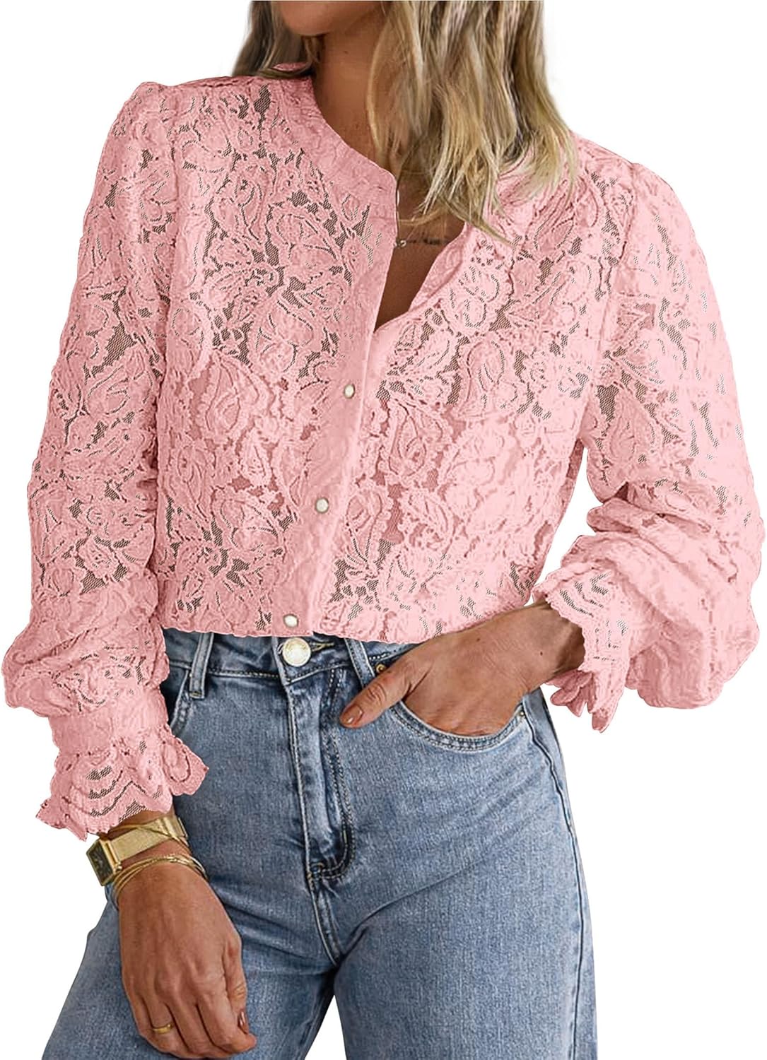 PRETTYGARDEN Women's Dressy Casual Lace Blouse Long Sleeve Button Up Shirts Tops Spring Fall Fashion Clothes