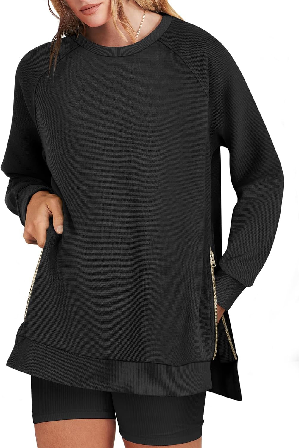 ANRABESS Women's Oversized Sweatshirts Crewneck Long Sleeve Tunic Pullover Shirts Side Zipper Hoodies 2025 Fall Clothes