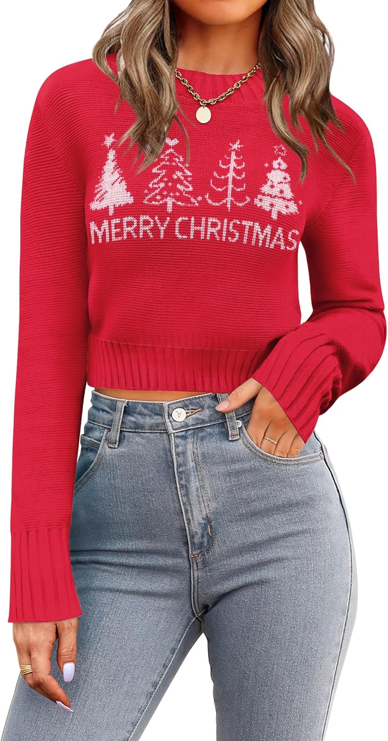 Zeagoo Women's 2025 Fall Crewneck Cropped Sweater Trendy Long Sleeve Ribbed Knit Pullover Jumper Tops