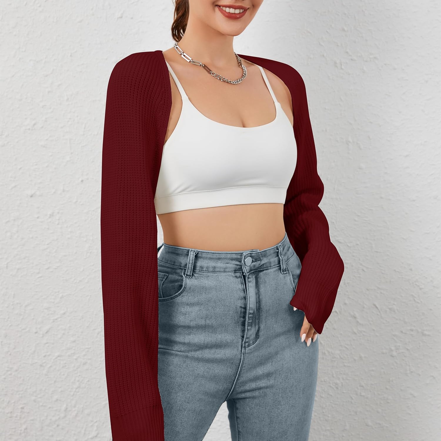 Women Open Front Ribbed Knit Crop Bolero Drop Shoulder Long Sleeve Solid Loose Fit Knitted Crop Cardigan Shrug