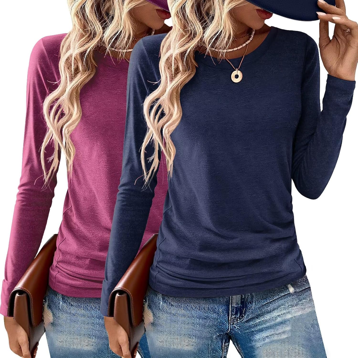 2 Pack Womens Tops Crewneck Soft Long Sleeve Shirts Fall Clothes Casual Tshirts Basic Tee