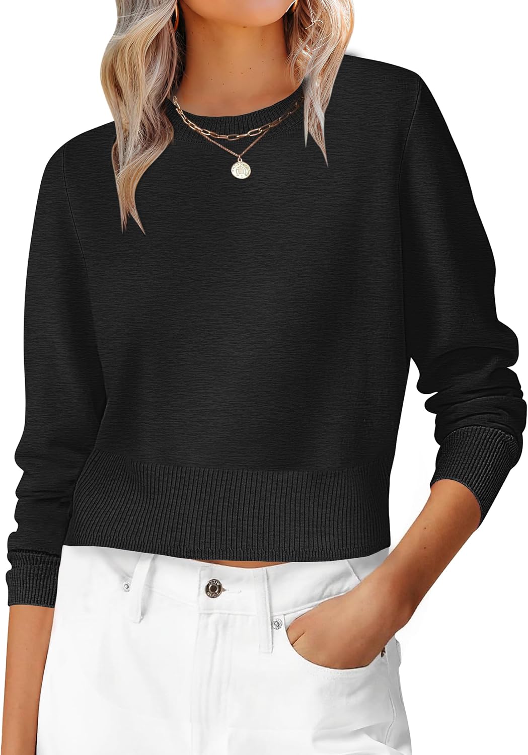 ANRABESS Women’s Long Sleeve Sweaters Cropped Crew Neck Business Casual Light Weight Sweater Tops Fall Fashion Clothes 2025