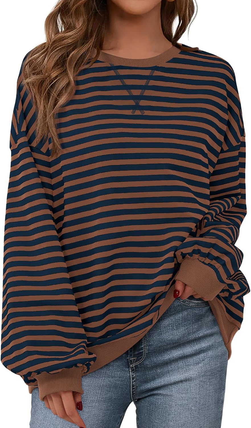 BTFBM Womens Oversized Striped Sweatshirt Crewneck Long Sleeve Pullover Top Casual Y2K Fall Clothes 2025 Workout Shirt