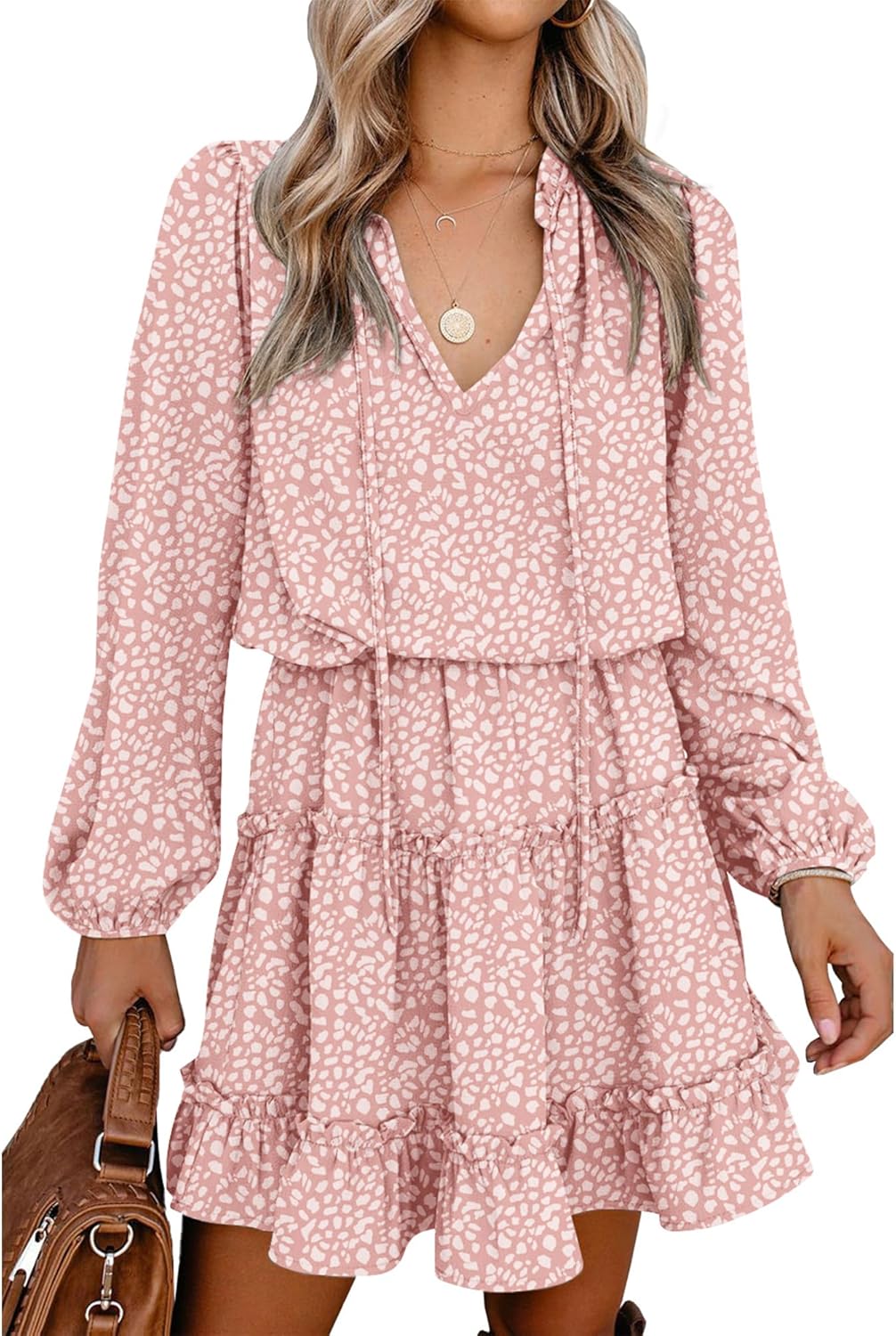 BTFBM Long Sleeve Fall Dresses for Women 2025 Summer Casual Tie Neck Ruffle Tiered A Line Wedding Guest Short Mini Dress