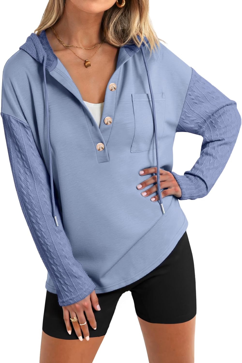 Glamaker Women's Button Down Cable Knit Hoodies Long Sleeve Patch Work Spliced Pullover Hooded Sweatshirts