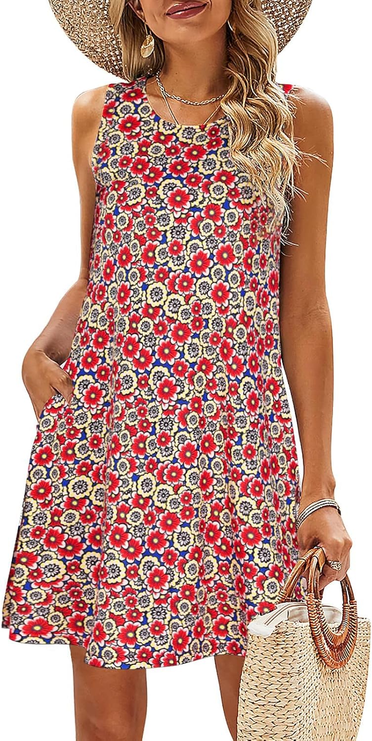SimpleFun Summer Dresses for Women Beach Floral Tshirt Sundress Casual Pockets Boho Tank Dress