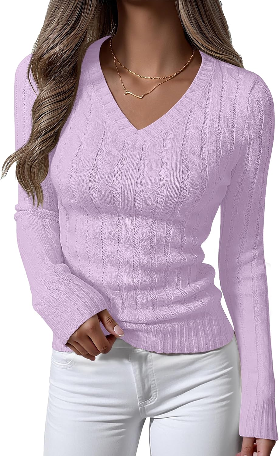 ANRABESS Womens Long Sleeve Cable Knit Sweater 2025 Fall Fashion V Neck Fitted Pullover Top Business Casual Work Fall Outfits