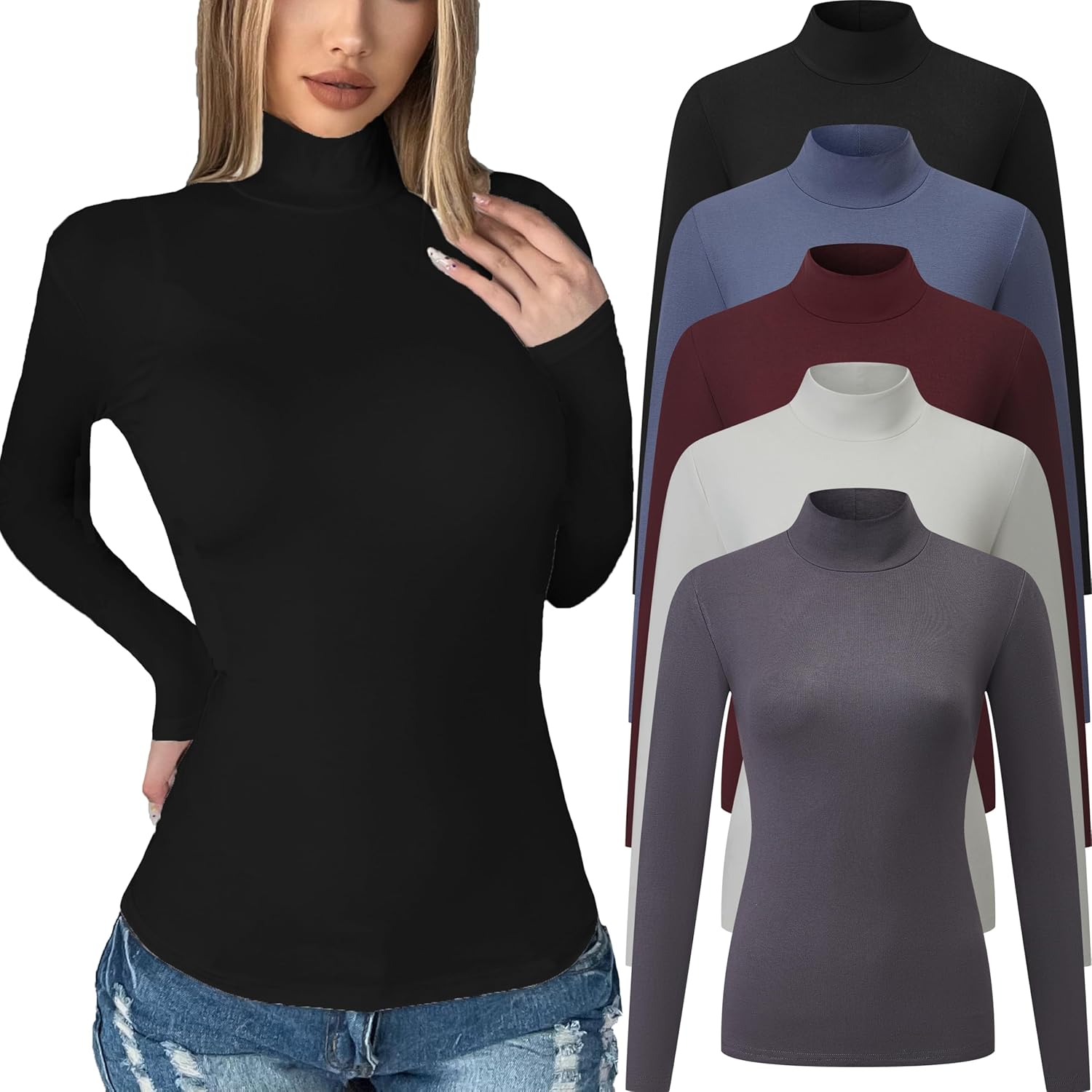 5 Pack Womens Long Sleeve Tops Mock Turtleneck Basic T Shirt Fall Stretch Tight Fitted Thermal Shirts