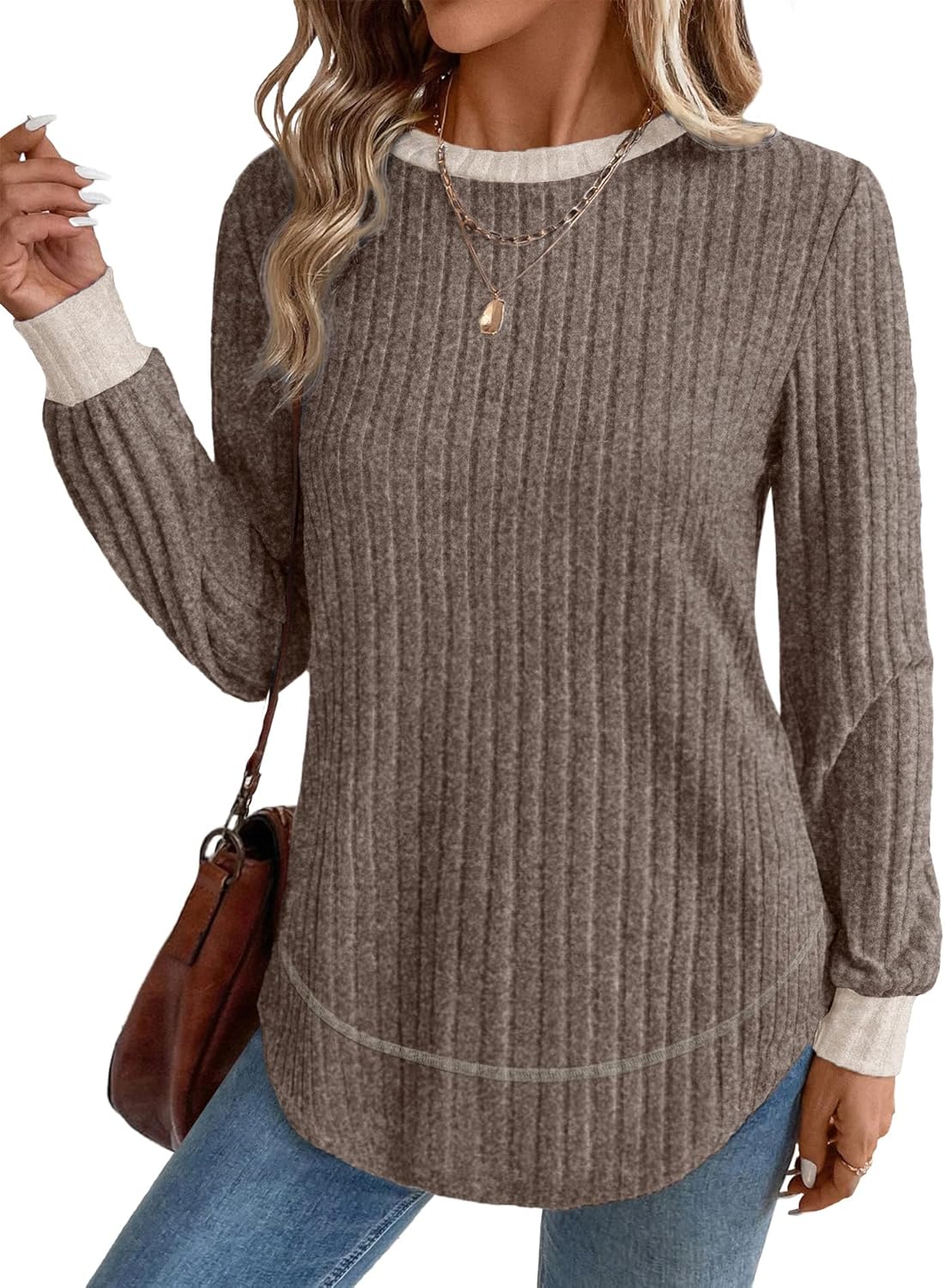 OFEEFAN Tunic Tops for Women Loose Fit Dressy Long Sleeve Shirts Womens Sweaters Crew Neck Fall Clothing with Curved Hem