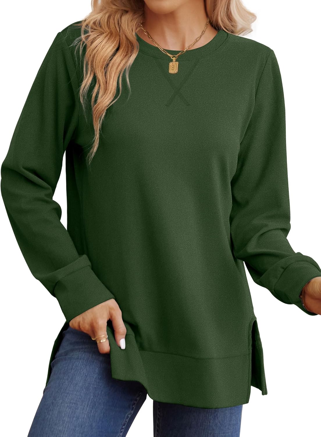 Saloogoe Sweatshirt for women Side Split Fall Fashion 2025 Long Sleeve Shirts Trending Now