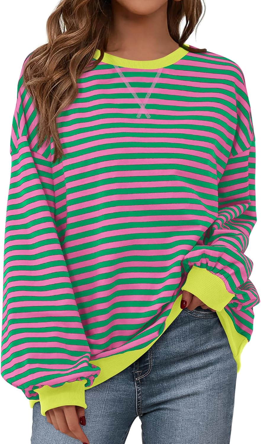 BTFBM Womens Oversized Striped Sweatshirt Crewneck Long Sleeve Pullover Top Casual Y2K Fall Clothes 2025 Workout Shirt