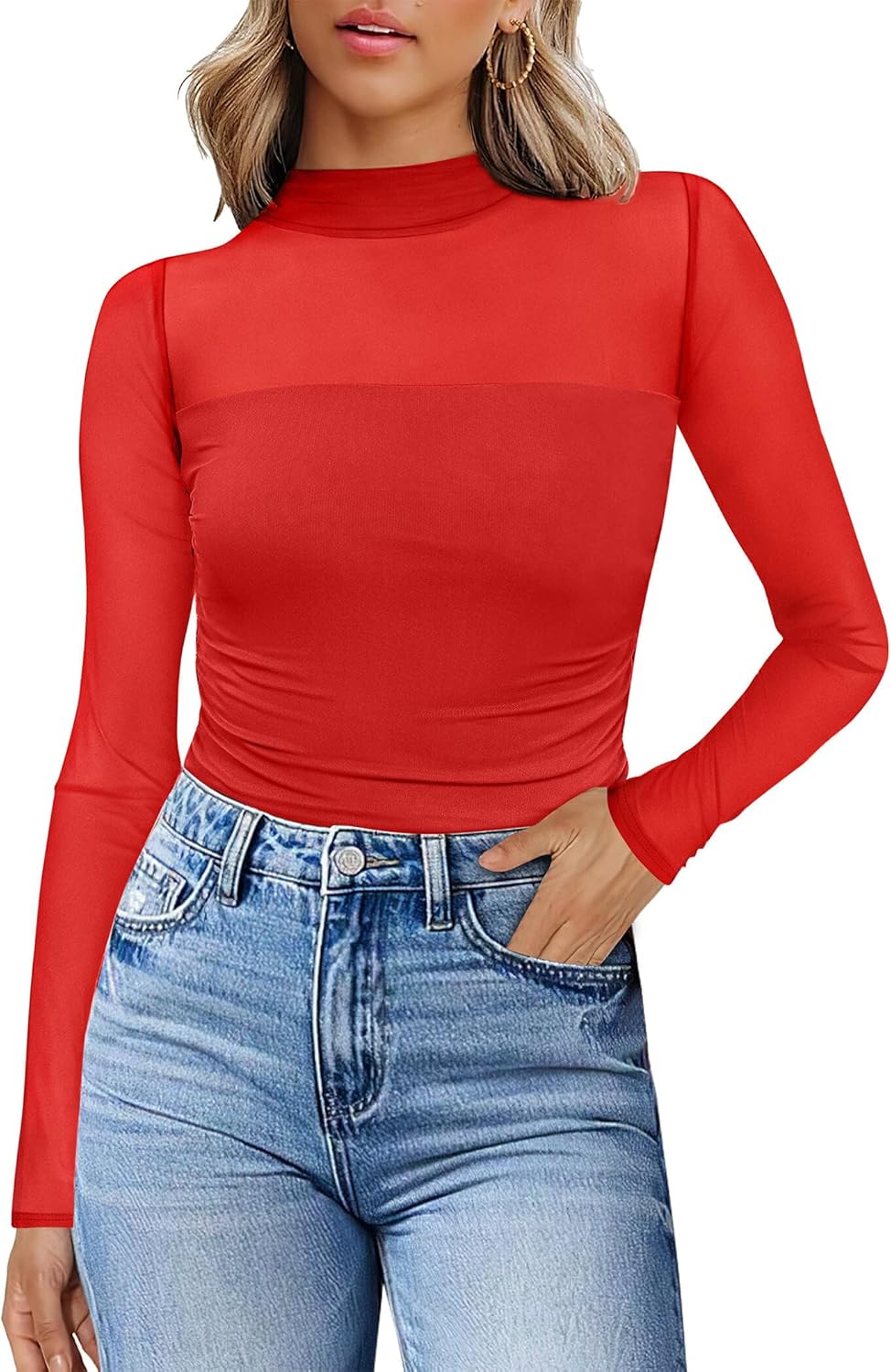 Womens Sexy Mesh Long Sleeve Shirts Fashion Clothing Turtle Necks Sheer Ruched Going Out Tops Fall Outfits Slim Fit Blouses