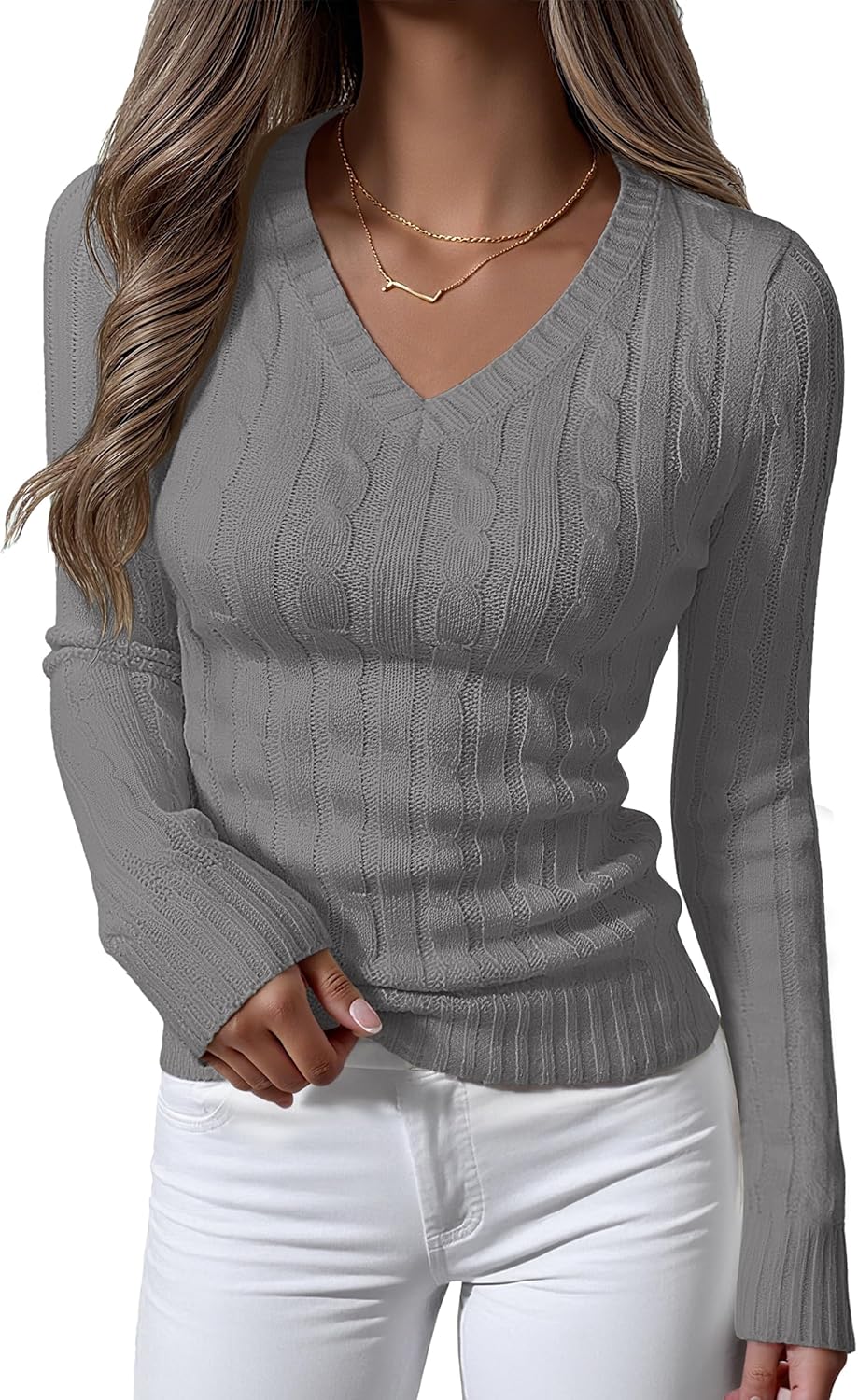 ANRABESS Womens Long Sleeve Cable Knit Sweater 2025 Fall Fashion V Neck Fitted Pullover Top Business Casual Work Fall Outfits