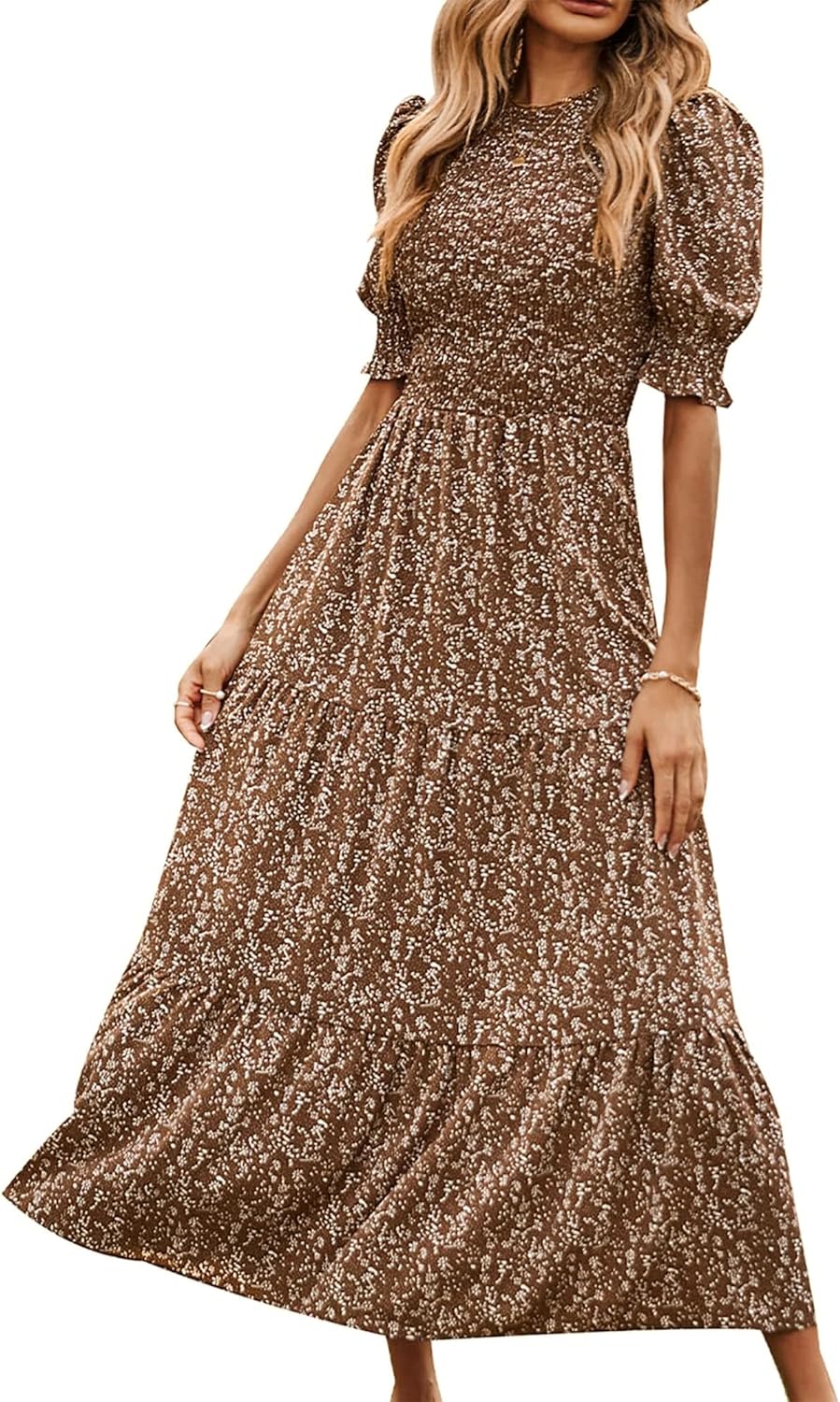 BTFBM Women Casual Summer Dresses 2025 Spring Crew Neck Ruffle Short Sleeve Floral Print Smocked Boho Flowy Maxi Dress