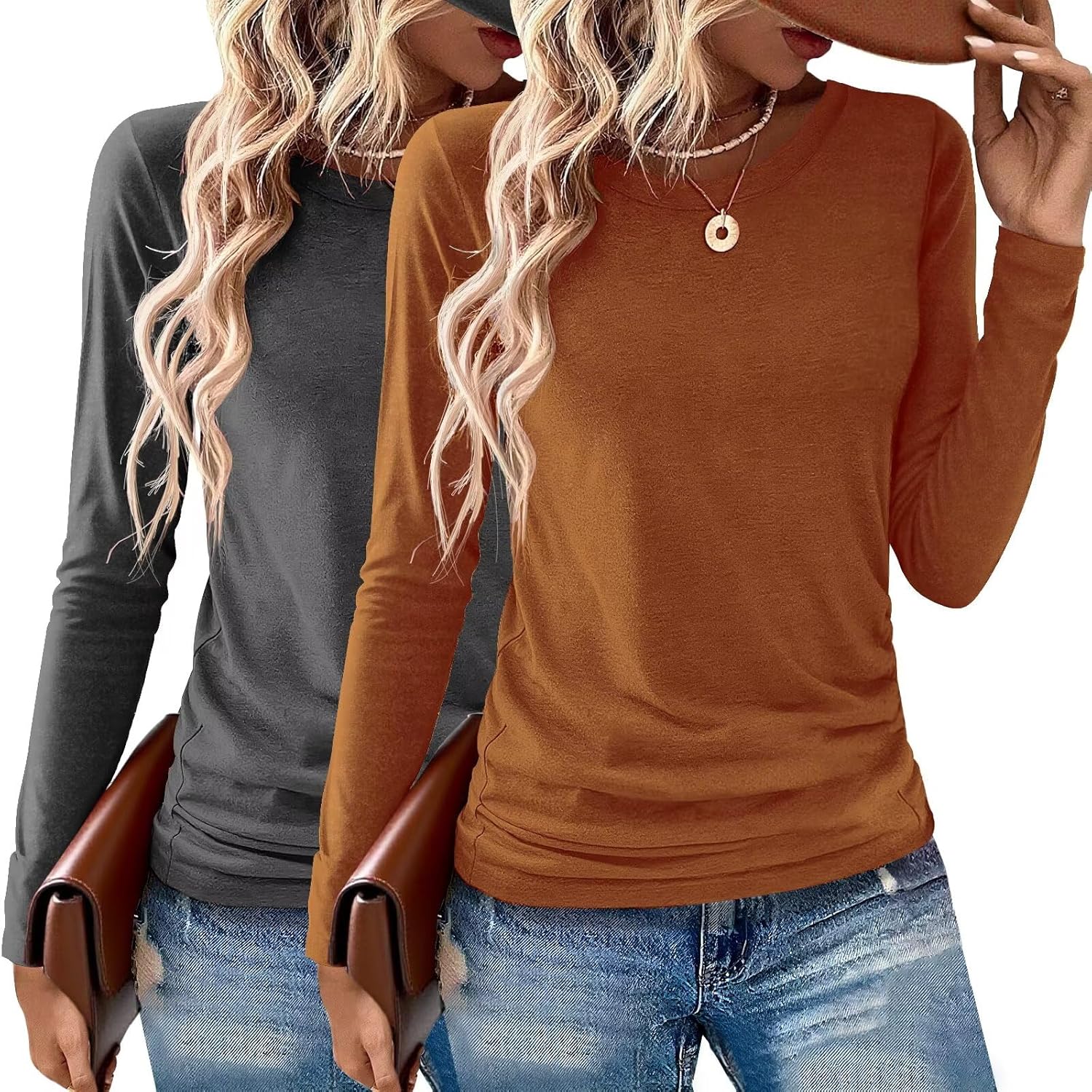 2 Pack Womens Tops Crewneck Soft Long Sleeve Shirts Fall Clothes Casual Tshirts Basic Tee