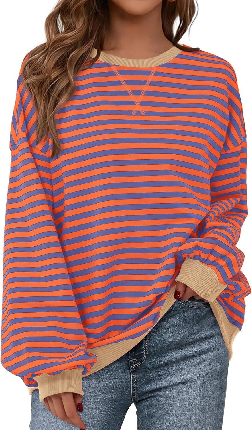 BTFBM Womens Oversized Striped Sweatshirt Crewneck Long Sleeve Pullover Top Casual Y2K Fall Clothes 2025 Workout Shirt