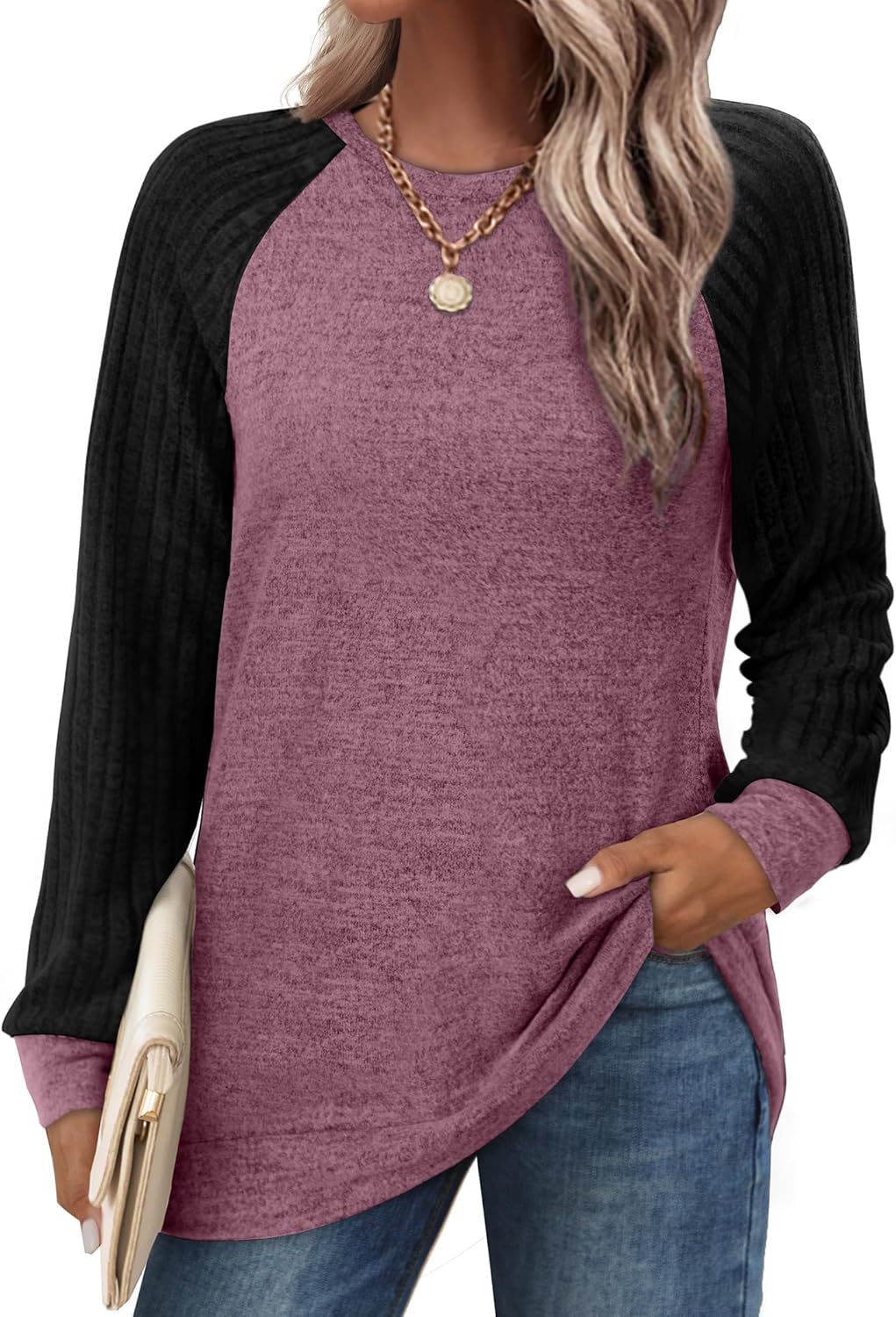 Saloogoe Tunic Sweatshirts for Women Crewneck Lightweight Sweaters Raglan Long Sleeve Shirts Fall Fashion Tops 2025