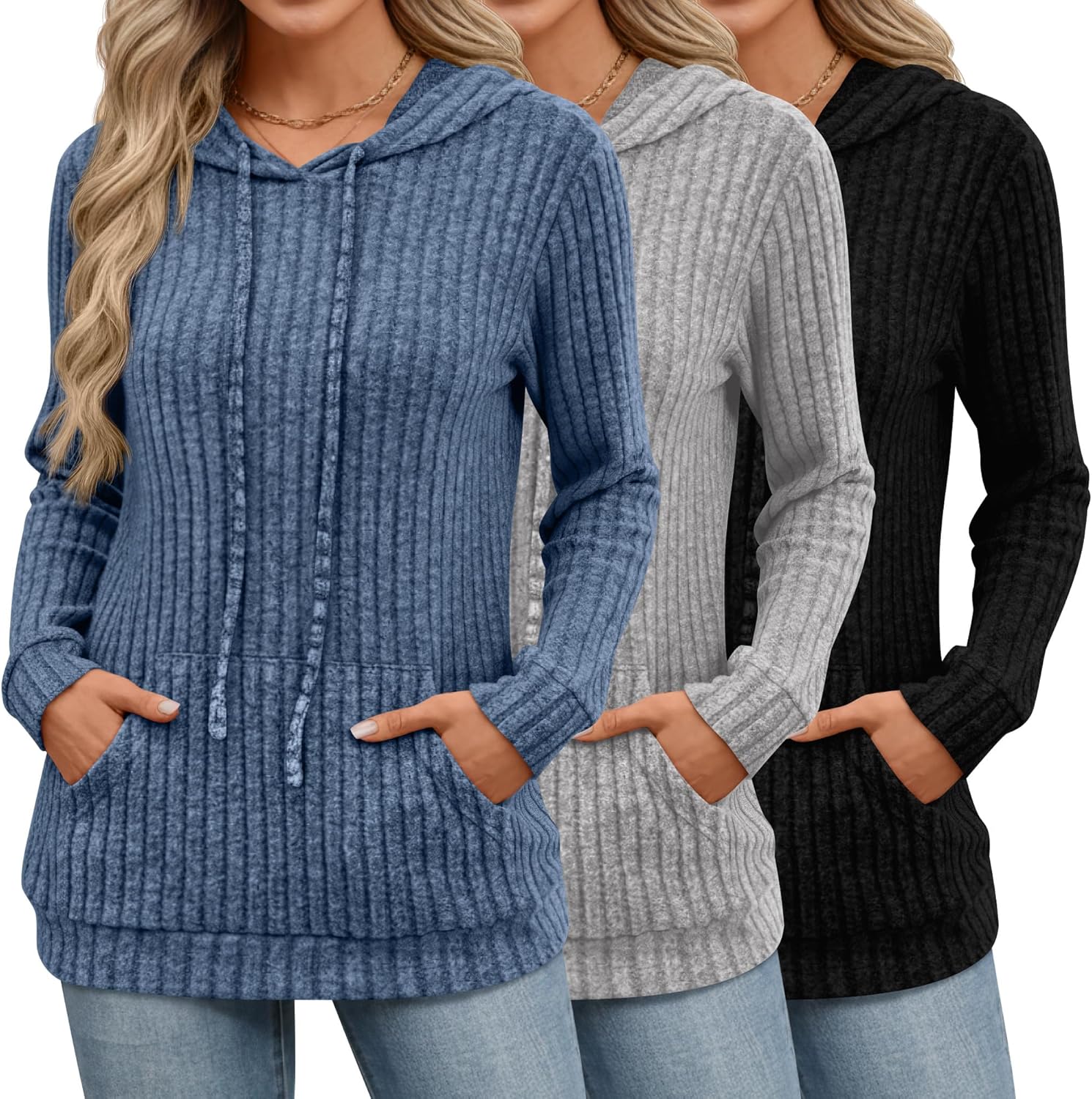3 Pack Women's Long Sleeve Hoodie Sweaters, Kangaroo Pocket Shirts Loose Knit Tops Drawstring Pullover Sweatshirts