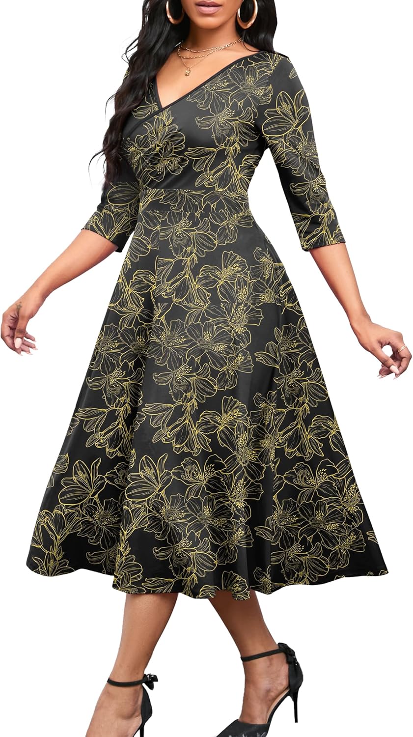 Nmoder Women's Casual Wrap Flared Midi Dress Wedding Guest Cocktail Tea Dresses A-Line Swing V-Neck 3/4 Sleeve