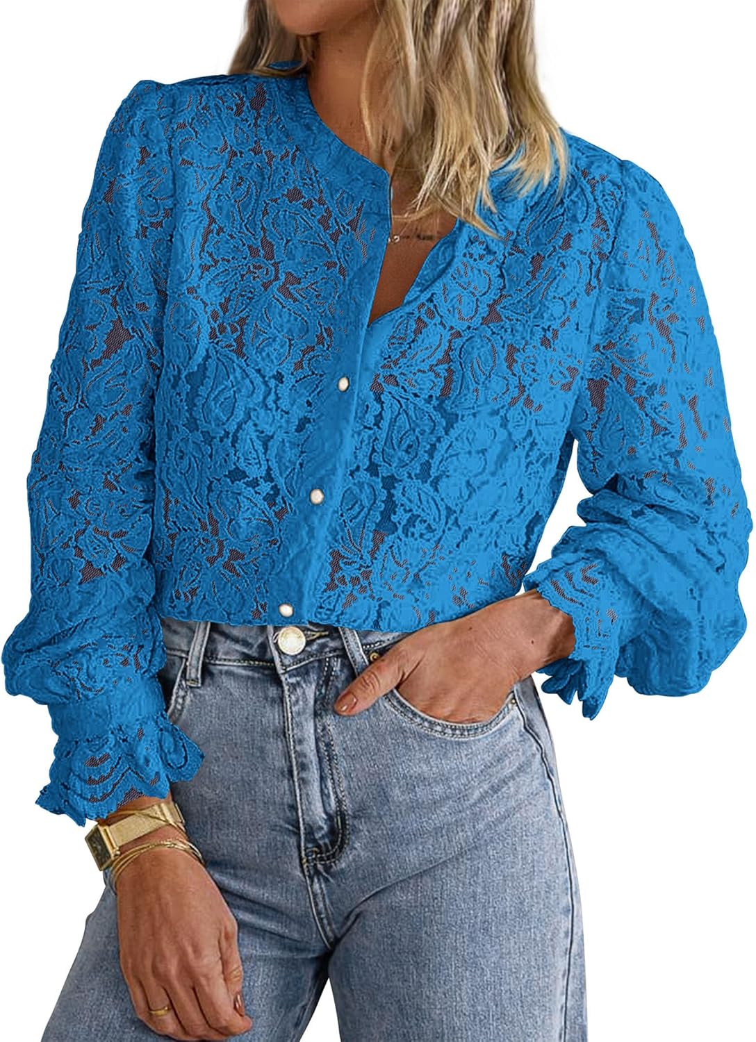 PRETTYGARDEN Women's Dressy Casual Lace Blouse Long Sleeve Button Up Shirts Tops Spring Fall Fashion Clothes