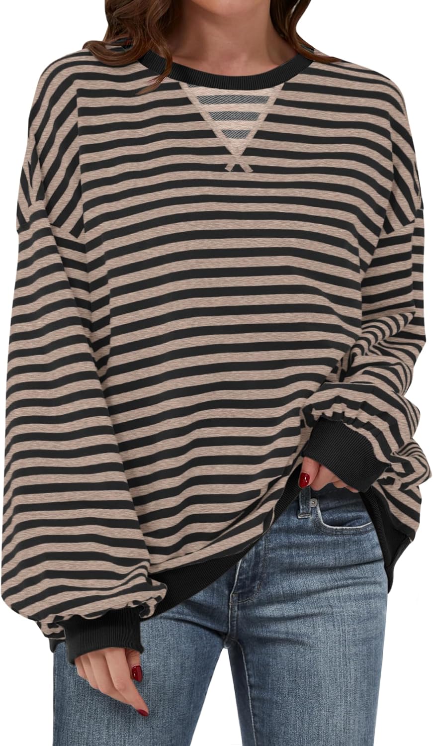ANRABESS Women Striped Sweatshirts Oversized Crewneck Long Sleeve Shirts Y2K Pullover Top 2025 Fall Outfits Fashion Clothes