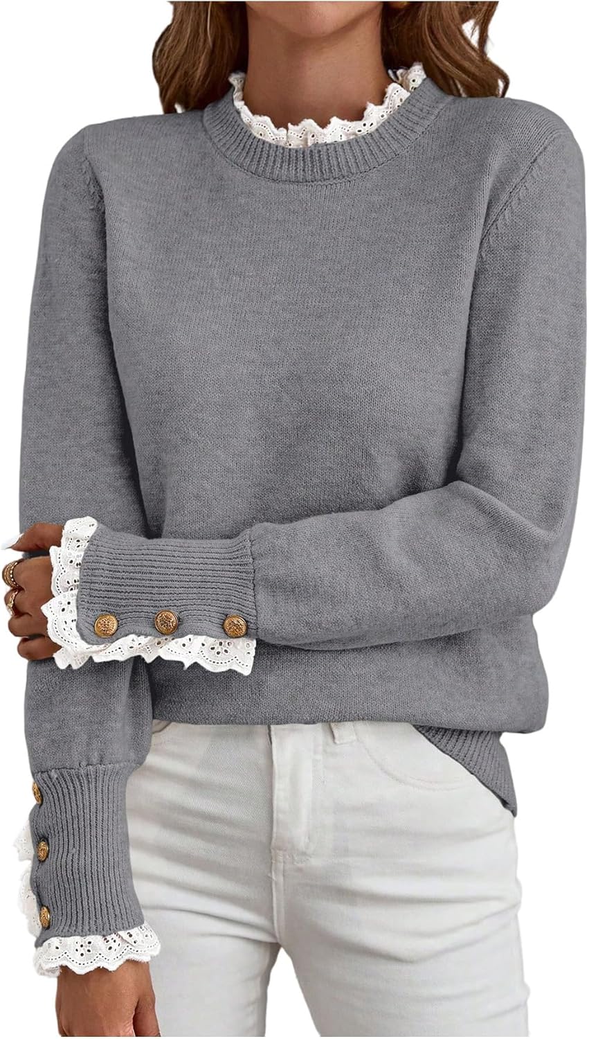 MakeMeChic Women's Fall Sweaters Lace Peplum Mock Neck Cozy Sweater Pullover