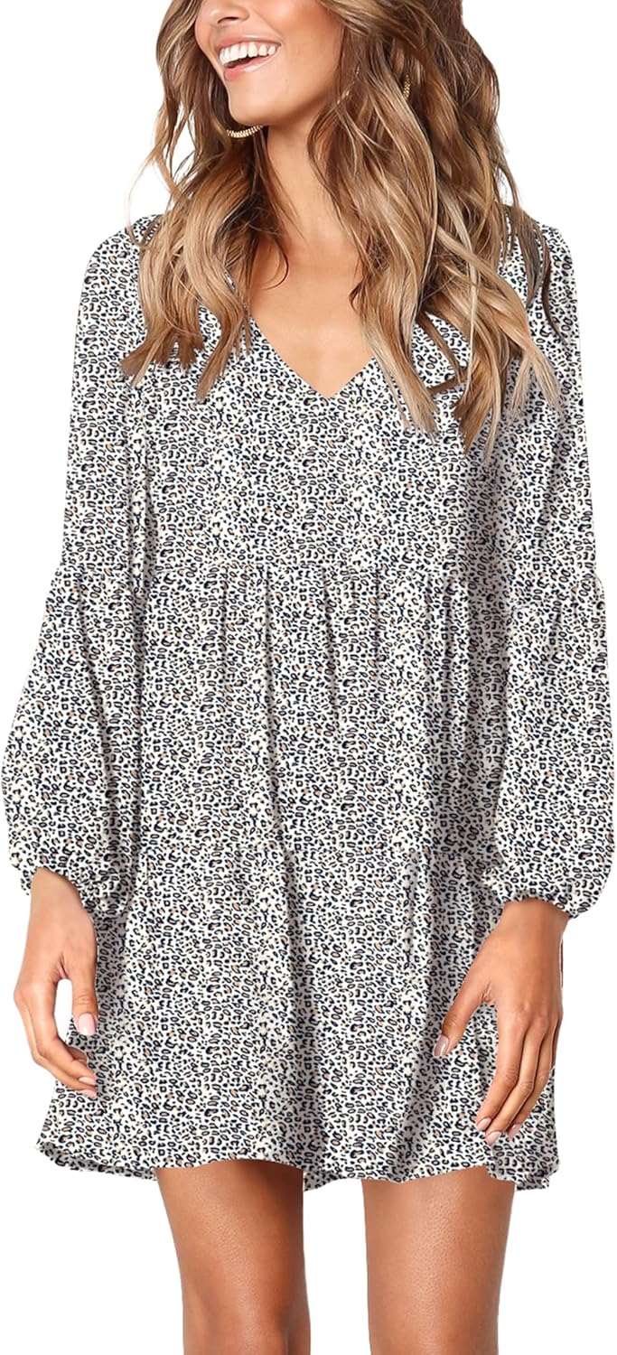 Amoretu Womens Tunic Dress Long Sleeve V Neck Casual Loose Flowy Swing Shift Dresses