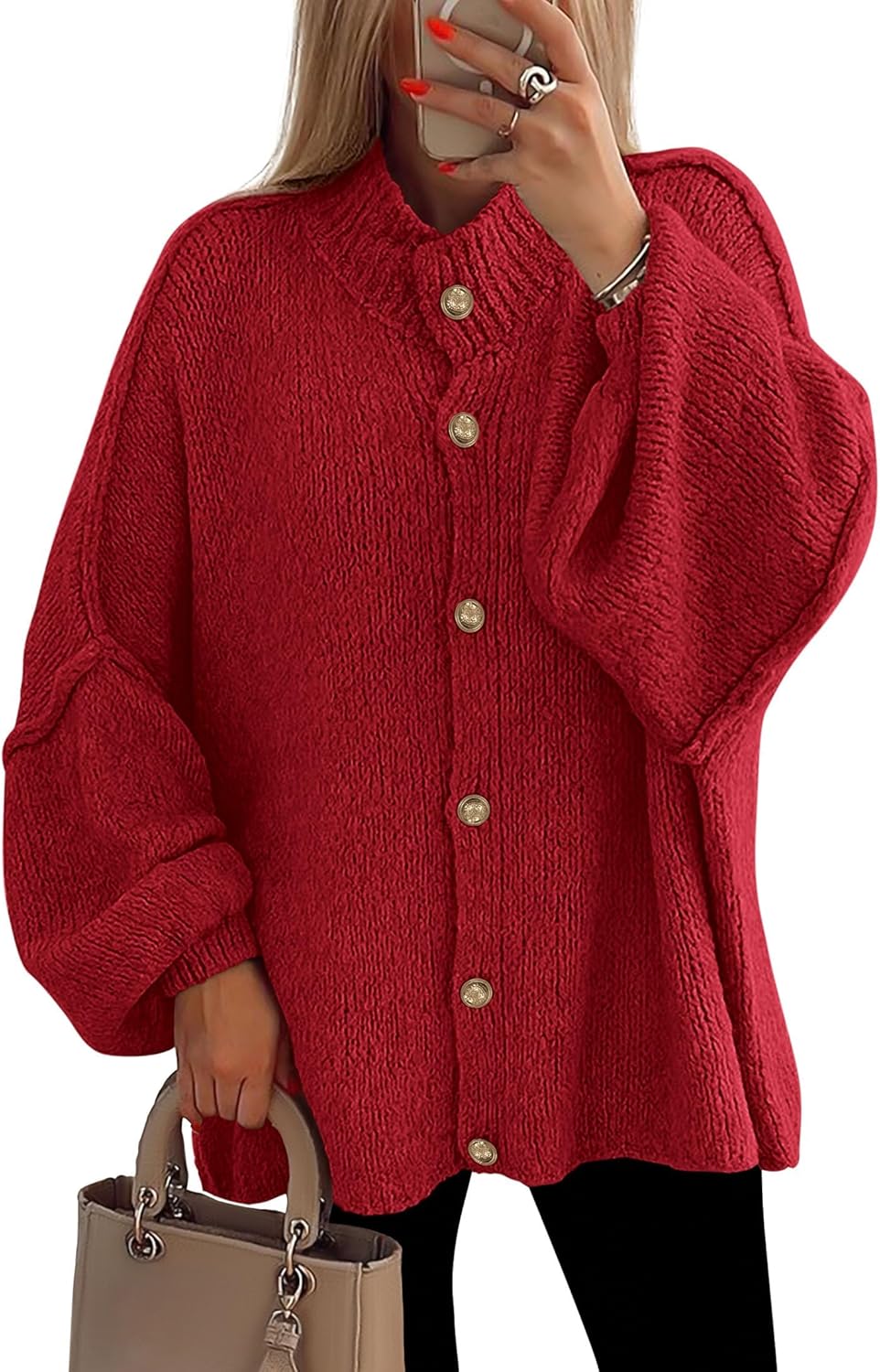 PRETTYGARDEN Women's Winter Button Down Cardigan Sweaters Mock Neck Lantern Long Sleeve Chunky Knit Jacket Trendy Outerwear