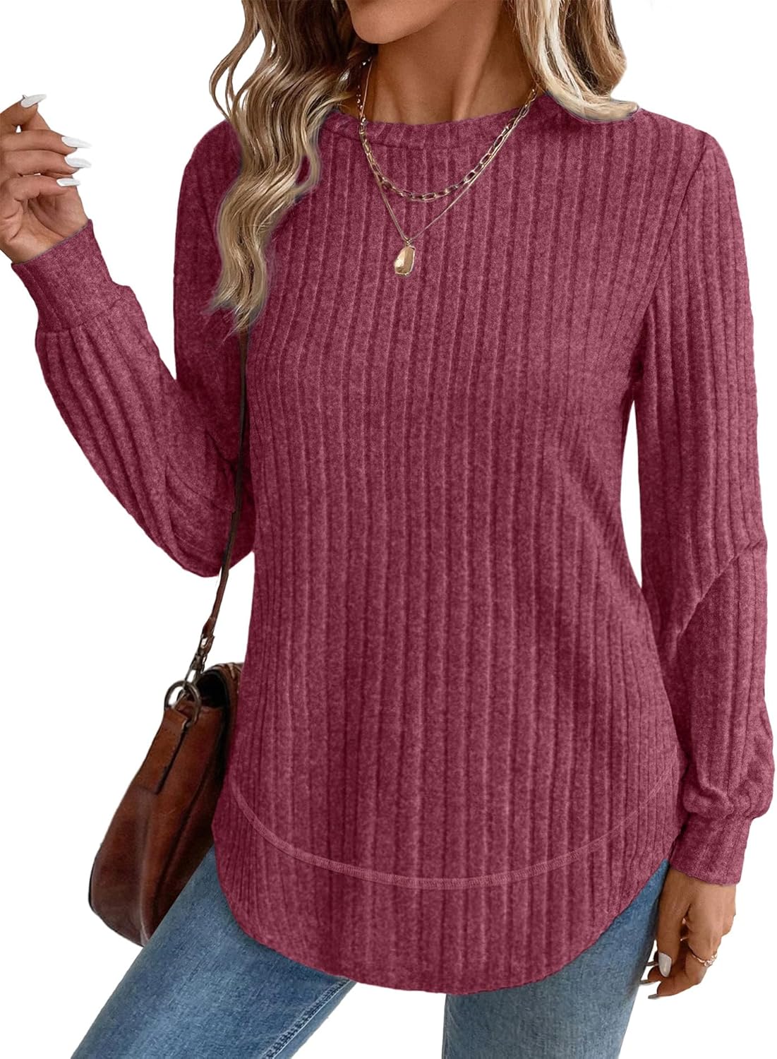 OFEEFAN Tunic Tops for Women Loose Fit Dressy Long Sleeve Shirts Womens Sweaters Crew Neck Fall Clothing with Curved Hem