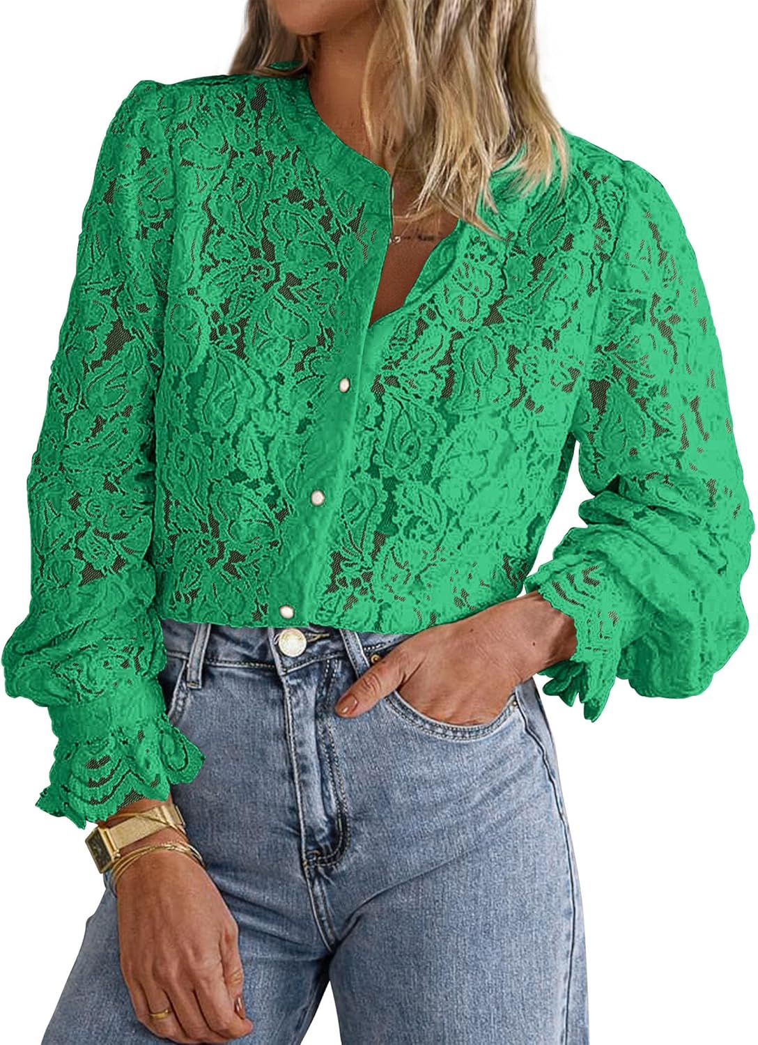 PRETTYGARDEN Women's Dressy Casual Lace Blouse Long Sleeve Button Up Shirts Tops Spring Fall Fashion Clothes