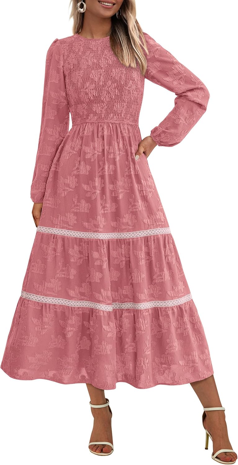 PRETTYGARDEN Long Sleeve Dress for Women 2025 Fall Elegant Modest Floral Boho Smocked Flowy Wedding Guest Midi Dresses