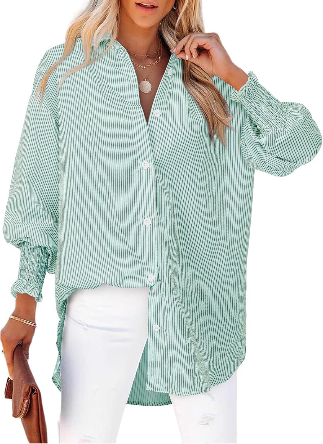 Women's Striped Button Down Shirts Long Sleeve Smocked Cuffed Oversized Boyfriend Blouses Collared Work No Pockets Tops